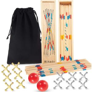 Sumind 84 Pcs Jacks Game and Pick up Sticks Include 62 Pcs Sticks 2 Pack Red Rubber Balls 20 Pack Gold and Silver Metal Jacks Classic Game for Kids Adults Family Party