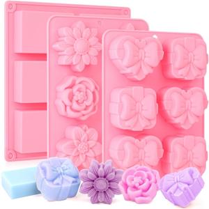 SJ Soap Molds 3 Packs, Rectangle Heart and Flower Shape Silicone Soap Molds for Soap Making, 6 Cavity for Bath Bombs, Homemade Soaps, Jelly, Pink