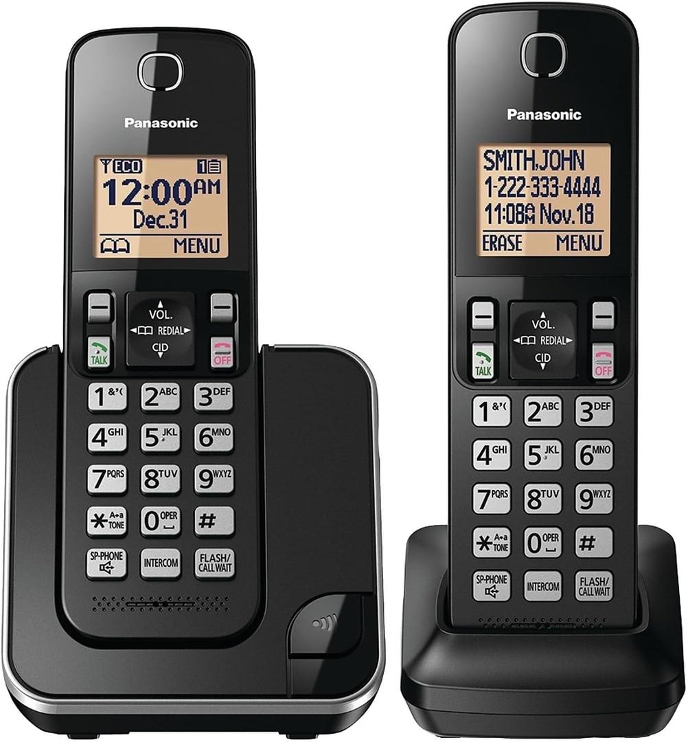 Panasonic Cordless Phone 2 Handsets System Expandable with Amber Backlit Display  KX-TGC352B (Black)