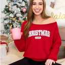 UNIQUEONE Christmas Sweatshirts for Women off Shoulder: Merry Crewneck Sweater Xmas Long Sleeve Pullover Top (Medium, Red)