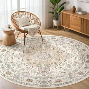 Round Rug Living Room Rugs: 6Ft Washable Boho Neutral Large Circle Soft Indoor Floral Stain Resistant Floor Farmhouse Carpet for Bedroom Nursery Kids Playroom Office Dining Room Dorm Home- Cream Blue