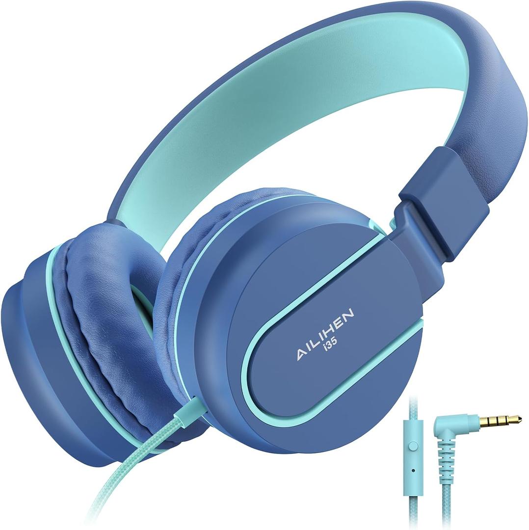 AILIHEN Kids Headphones, I35 On-Ear Headphones for School, Safe Volume 93dB, HD Mic Stereo Headphone for Kid Girls Boys, Foldable 3.5mm Wired for Chromebook, Laptop, Computer, Tablet (Blue)