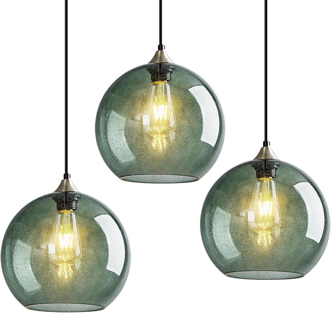 Modern 3-Pack Glass Globe Pendant Lights, Gray Green Modern Pendant Lighting for Kitchen Island, Glass Hanging Lamps for Dining Room Living Room Bedroom, Medium 7.87 Inch Fixture (Bulbs Not Included)