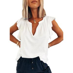 Dokotoo Women's Casual V Neck Ruffle Sleeve Summer Tank Tops Shirts (White, L)