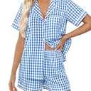 SWOMOG Women Plaid Pajama Set 100% Cotton 2 Piece Pjs Set Short Sleeve Gingham Shirts with Shorts Button Down Cute Loungewear, Medium