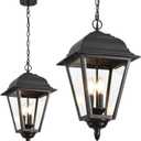 Outdoor Pendant Light, 3-Light Exterior Hanging Porch Light, Extra Large Outdoor Hanging Light Fixture with Clear Glass, Waterproof Black Outside Chandelier for House Front Door Farmhouse (A112-12)