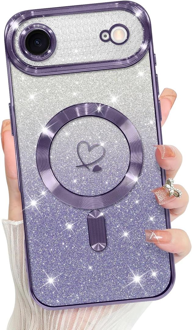 Bonoma Compatible with iPhone Air Case 2025 Support for MagSafe, Plating Heart Glitter Magnetic Case TPU Camera Protection Back Cover for Phone Case -Purple