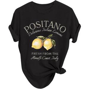 Verdusa Women's Lemon Print Summer Goth Short Sleeve Crop Top Crew Neck Graphic Tee (Black, L)