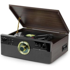 All-in-One Record Player with CD and Cassette, 3-Speed Bluetooth Turntable with Built-in Speakers, USB Recording