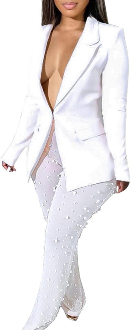 LKOUS Women's Sexy Blazer Pants Set V Neck Mesh Beading High Waist 2 Piece Outfit for Night Out Club Party (Large, White)