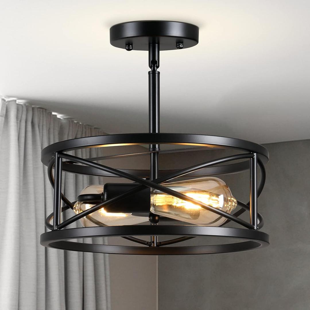 Farmhouse Semi Flush Mount Ceiling Light Fixtures, 11.8 2-Light Black Industrial Sloped Ceiling Lighting with Metal Cage for Kitchen, Hallway, Entryway, Laundry Room, Bedroom, E26