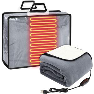 Glooglitter USB Heated Blanket 50"x60" Large Heating Throw Electric 5v Powered with Timer Function and Temperature Controller for Car Winter Travel Home Office Camping(Gray and White,Solid Color)