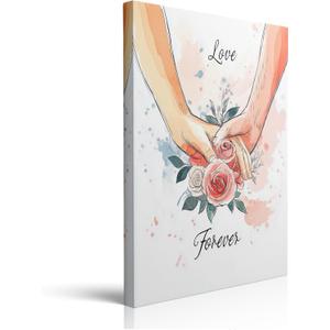 Canvas Wall Art Framed Love Forever Couple Holding Hands Floral Rose Watercolor Romantic Pink Elegant Eclectic Modern Wall Decor for Living Room Romantic Gift for Wife Girlfriend Decor 16x24 Inches