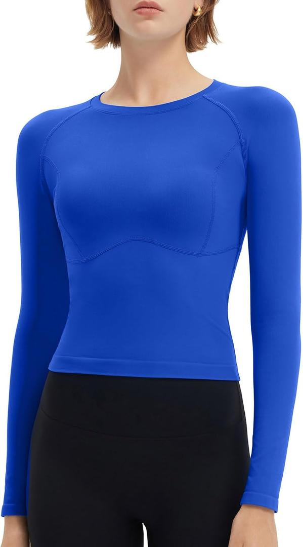 SUUKSESS Women Seamless Workout Long Sleeve Shirts Gym Athletic Running Yoga Tops (Blue, XL)
