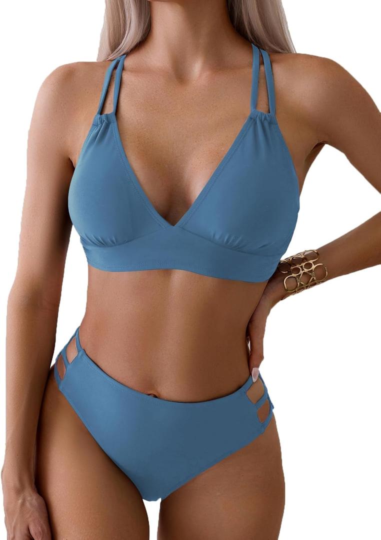 Fanuerg Women's Sexy V Neck Bikini Sets Hollow Out Two Piece Swimsuits Cutout Mid Waist Bathing Suit Grey Blue S
