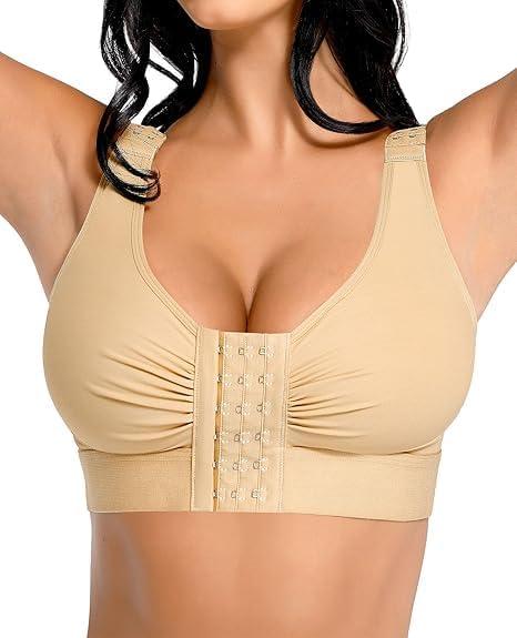 FeelinGirl Post Surgery Compression Bra for Women's Front Closure Bra with Adjustable Straps Wirefree (Beige)