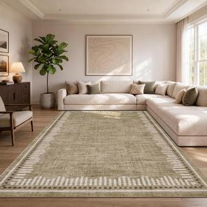 Garvee 8x10 Washable Living Room Area Rug Scalloped Neutral Non Slip Rugs