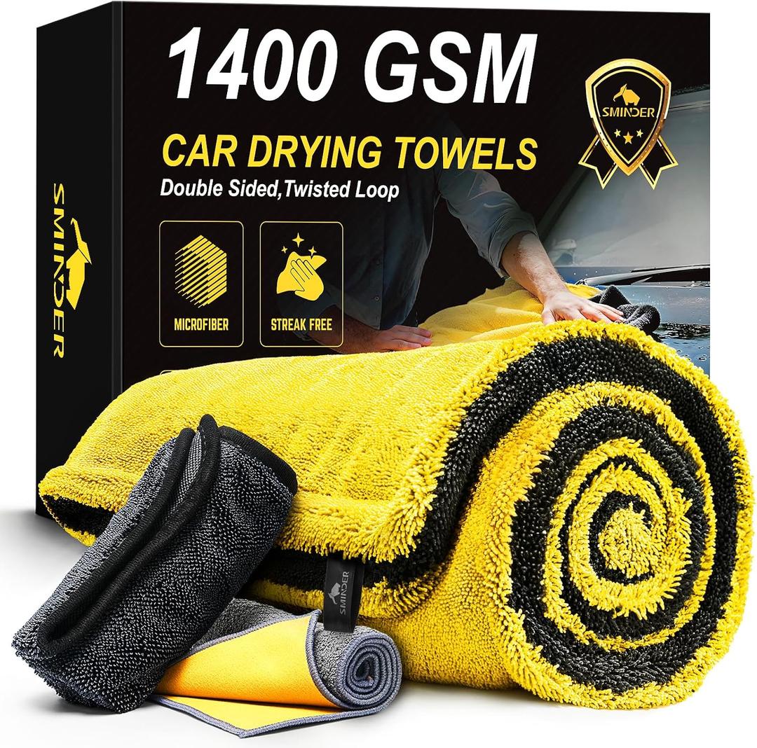 SMINDER 1400 GSM Car Drying Towels Car Detailing XXL Microfiber Towels for Cars, Trucks (48" x 24"), Ultra-Absorbent, Streak-Free, Scratch-Free, No Water Spots, Double-Twist Pile & Edgeless Design