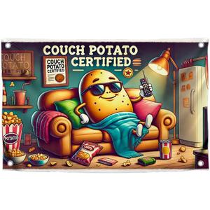 3x5 Feet Funny Single Sided Flags with Quote ''Couch Potato Certified'' - Cool Meme Poster Polyester for Bedroom - Banners for Mans with Four Brass Grommets - Cool Dorm Flag Outdoor or Indoor