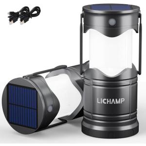 Lichamp 2-Pack Solar Camping Lantern, USB Rechargeable LED Lanterns Battery Powered Pop Up Flashlight Lamps with Three Modes Power for Power Outages Hurricane Supplies Emergency Indoor & Outdoor