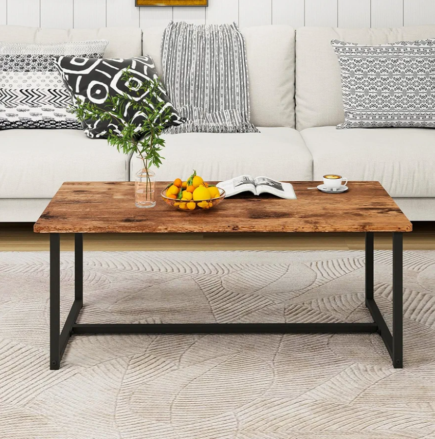 Coffee Table Rectangular Center Table for Living Room Open Space Side Table with Metal Frame, Easy Assembly, Black+ Rustic Brown Wood Coffee Table