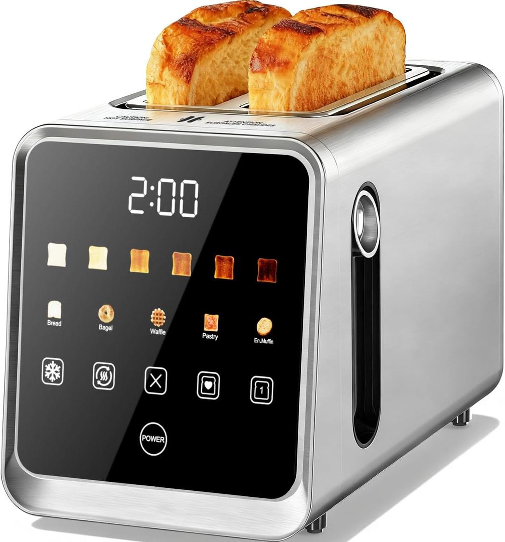 Touch Screen Toaster 2 Slice, Stainless Steel Smart Digital Toasters with Single Slot Toasting, Memory Function, 5 Bread Types & 6 Shade Settings,1.5" Wide Slot, 900W