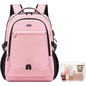 DUSLANG 17 Inch Laptop Backpack for Travel Water Resistant College Backpack for Women Laptop Bag with USB Charging Port and Clear Toiletry Bag Work Backpack,Pink A