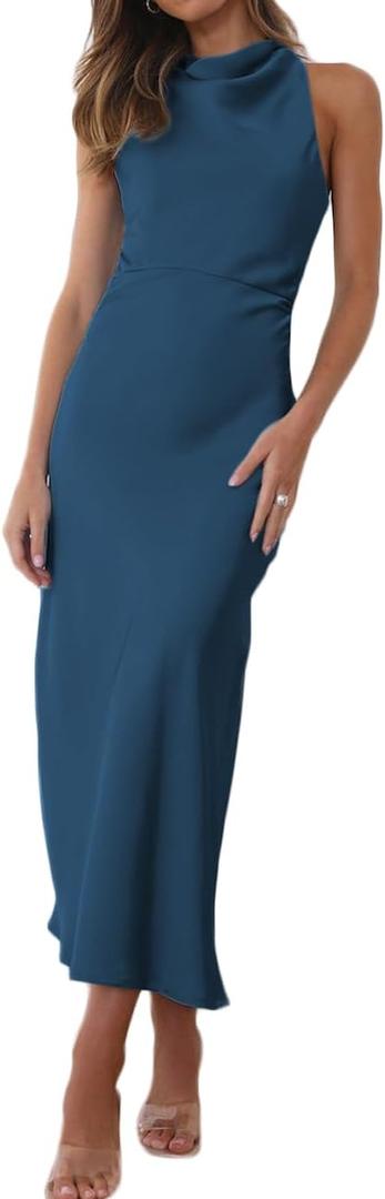 Halfisland Satin High Neck Backless Sleeveless Midi Dresses for Women Elegant Mock Neck High Waist Cross Back Cocktail Dress Teal 