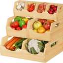 Upgraded 3 Tier Bamboo Pantry Storage Bins - Stackable Potato and Onion Storage Bin, Storage Baskets Airflow Vent Vegetable and Fruit Organizer with Handle, for Kitchen, Livingroom,Bathroom