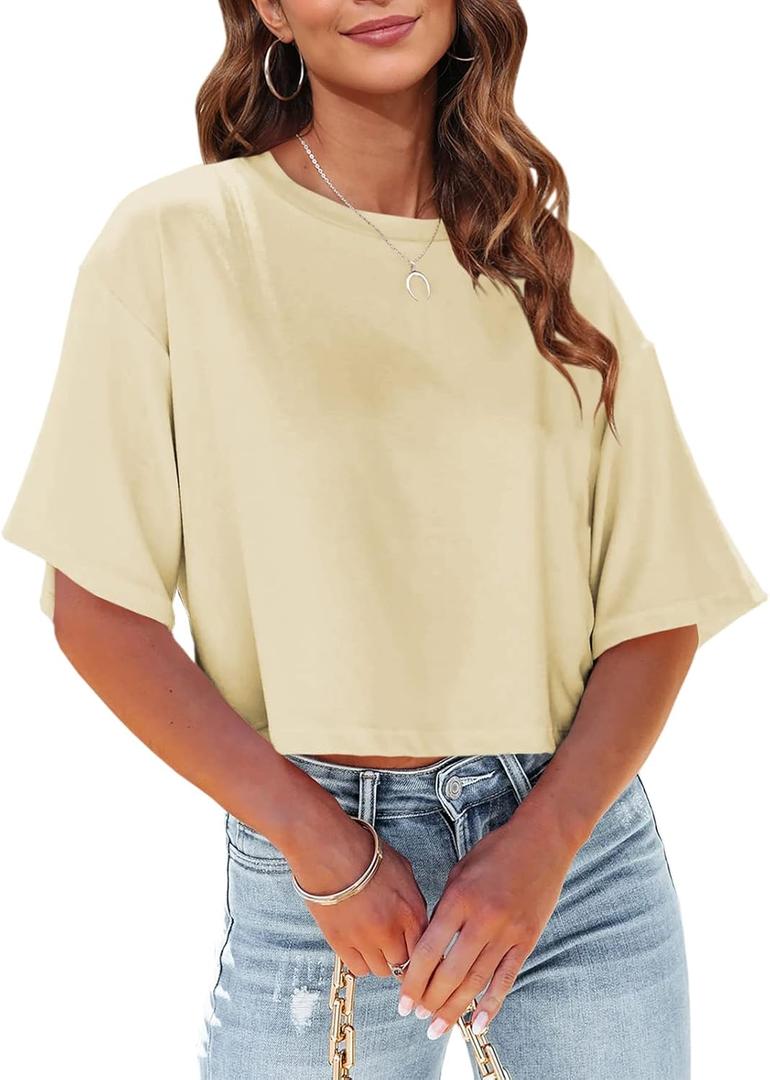 Tankaneo Women Half Sleeve Cropped T-Shirts Drop Shoulder Round Neck Crop Tops Casual Summer Solid Color Basic Tees (Small, 06-beige)
