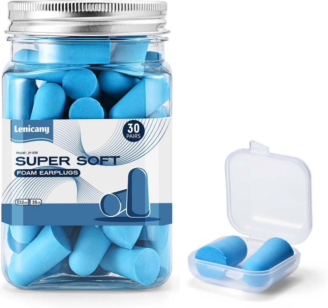 Lenicany 30Pair Soft Foam EarPlugs, 32dB Disposable Sound Blocking Noise Cancelling Ear Plugs for Sleeping/ Concerts Loud Music/ Shooting Guns/ Work Construction, Hearing Safety Protection (Blue)