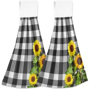 ALAZA Sunflowers Hanging Kitchen Towel 2 Pcs Hand Towel Black White Buffalo Check Plaid Tie Towels Set Absorbent Dish Cloths Bar Tea Towels for Bathroom Laundry Room Decor (A01)