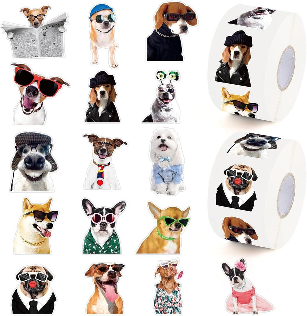 Hooqict 2 Rolls of Dog Stickers Cute Dog Sticker Rolls for Kids Funny Animal Puppy Party Favor Decal for Water Bottles Envelopes Scrapbook Students Classroom Rewards (1200Pcs, 16 Designs)