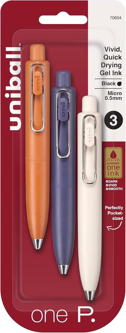 uni one P Retractable Gel Pens, Micro Point (0.5mm), Mandarin, Grape, and Yogurt Barrels, Black Ink, 3 Pack