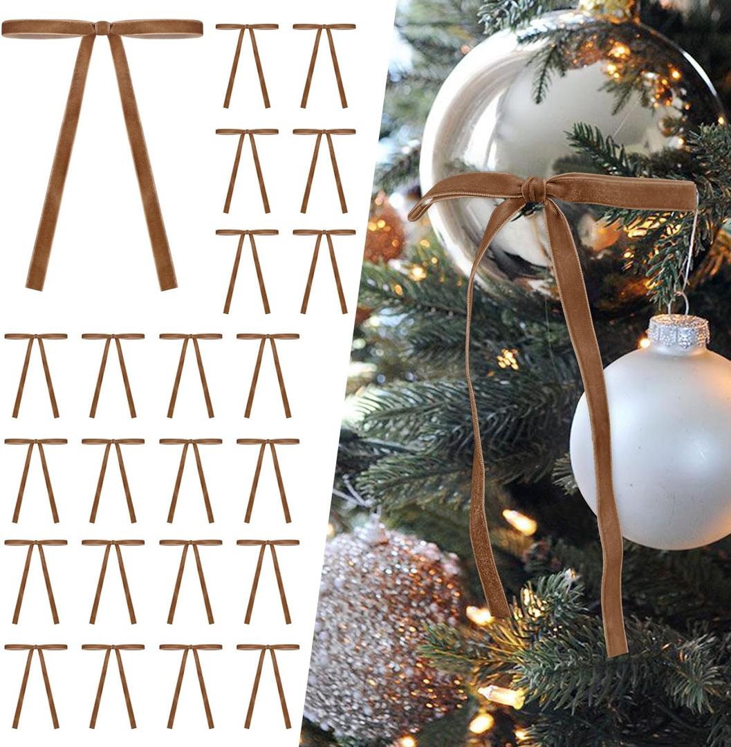 SIMISI RIBBON 24Pcs Camel Christmas Velvet Ribbon Bows Decorations Xmas Ornaments Vintage Decor for Tree, Wreath, Garland (3/8'' Width, 5 * 7 inch)