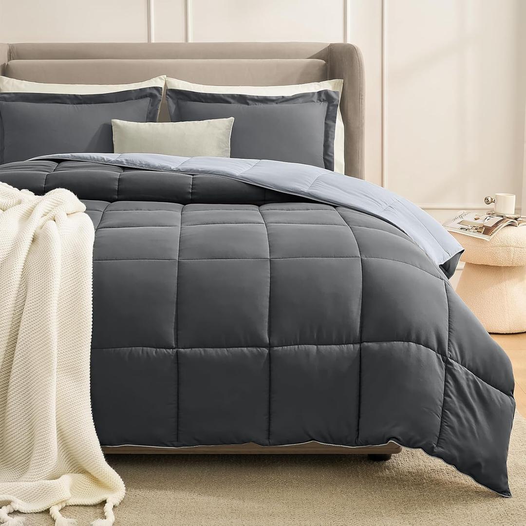 Homelike Moment Queen Comforter Set Grey, Comforters Queen Size Set, Soft Lightweight Down Alternative Bed Comforter Full Size Reversible All Season 3 Pieces Sets Grey/Light Gray, Full/Queen