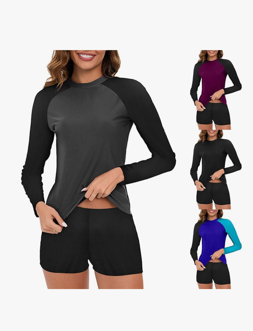 Womens Long Sleeve Rash Guard Shirts with Swim Shorts Modest Swimwear Two Piece Athletic Swimsuit Surfing Bathing Suits Size L