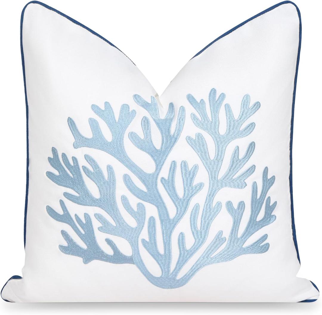 Hofdeco Premium Coastal Patio Indoor Outdoor Throw Pillow Cover Only, 20"x20" Water Repellent for Backyard, Couch, Navy Baby Blue Embroidered Sea Life Coral with Piping