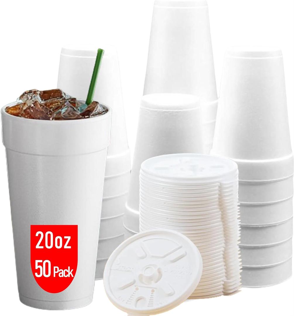 20 OZ Foam Cups With Lids for Hot & Cold Drinks, USA-Made 50-Pack. Ideal Styrofoam Coffee Cups, Insulating To-Go Cups for Soda, Tea, Juice - Sturdy, Disposable & comparable to Industry standard 20J20