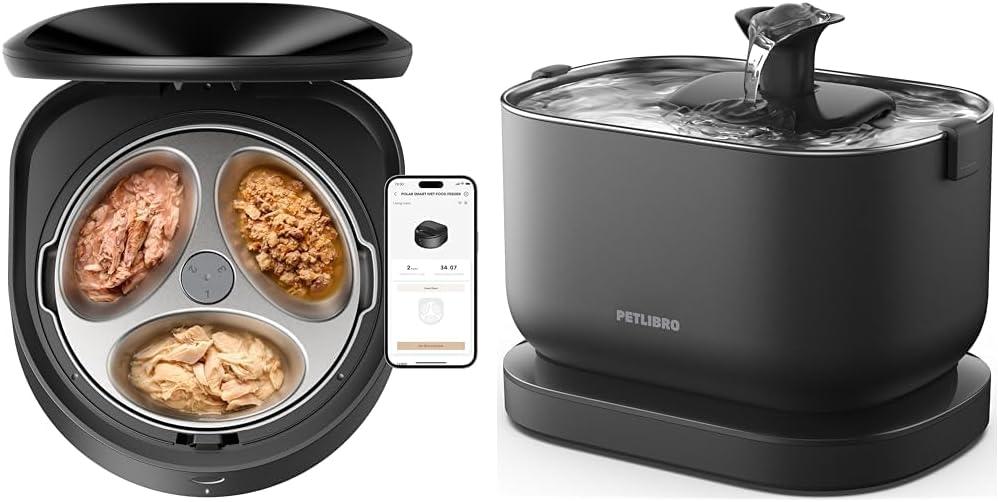 PETLIBRO Automatic Cat Feeder Wet Food + Cordless Cat Water Fountain, Refrigerated Auto App-Controlled Feeder with Stainless Steel Bowl Semiconductor Cooling, 2.5L/84oz Fountain Battery Operated, Black 