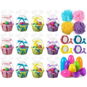 Hungdao Easter Bamboo Basket Sets Include Bulk Wiker Woven Basket with Handle,Raffia Grass Shred Paper,fillable Easter Eggs,Ribbon, Cellophane Bag for Kids Eggs Hunt Game Picnic Party Favors(12 Pack)