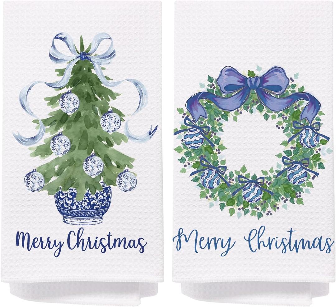 Chinoiserie Christmas Kitchen Towels,Set of 2 Blue Bow Coquette Christmas Tree Dish Towels for Kitchen Bathroom, Blue Christmas Hand Towels for Bathroom Kitchen, Grandmillennial Decor,16x24 Inches