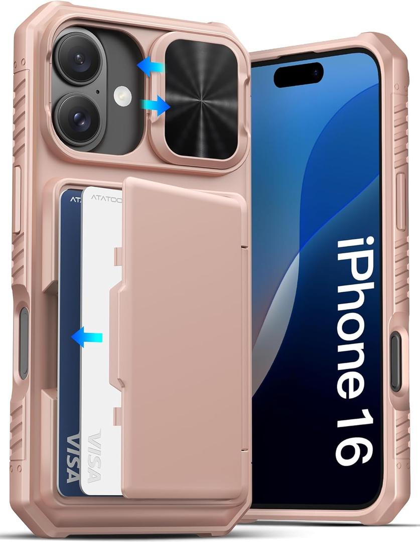 ATATOO for iPhone 16 Case Wallet, Built-in Card Holder (Store 3-5 Cards) & Slide Lens Cover, Military Grade Protection, Shockproof Silicone Protective Case for iPhone 16, Rose Gold