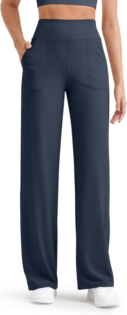 G4Free Ribbed Knit Wide Leg Pants Women with Pockets Lightweight Stretchy Yoga Pants Casual Travel Slack L