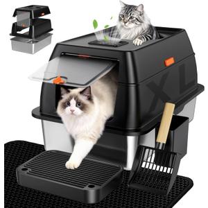 Extra Large Stainless Steel Litter Box with Lid, High Sided Enclosed Metal Cat Litter Pan, Dog Proof Front Entry Top Exit, Odor Control Easy Clean Leak Proof, Includes Mat, Scoop & Step, Black