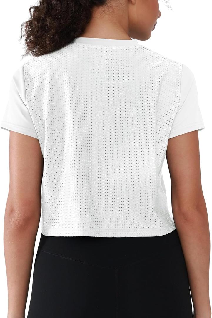 Women's Breathable Workout Top Loose Fit - Moisture Wicking Athletic Shirt, Short Sleeve Gym Tee with Mesh Panels (White, M)