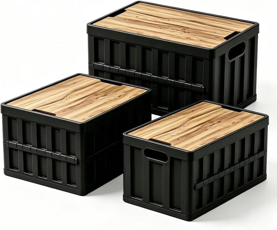 3 Pack 50L Black Collapsible Storage Crate Wooden Lid Stackable Bin for Garage RV Car