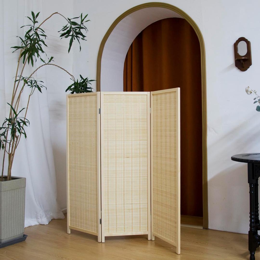 3 Panel Short Panel Divider Screen,3.95 FT Tall Bamboo Room Divider Folding Privacy Screen,Short Panel Divider Freestanding Room Divider for Room Seperation,Beige