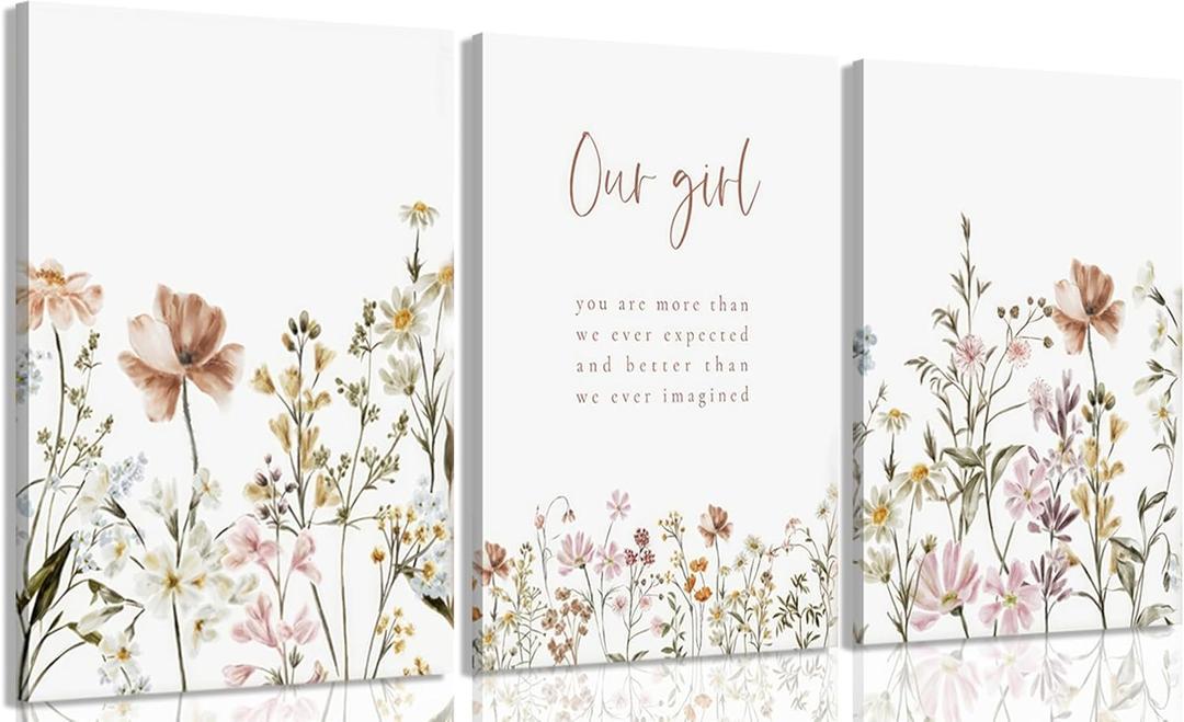 3 Pcs Wildflower Canvas Wall Art Girl Nursery Wall Decor Flower Print picture Floral Botanical Painting artwork for Baby Girl Nursery Decor Inspirational Wall Art Office Decoration,16x24in 