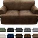 3-Pieces T Cushion Loveseat Slipcovers Leather Look Couch Cover Loveseat Covers for 2 Cushion Couch Furniture Protector Stretch Sofa Cover with 2 Individual T Cushion Seat Covers, Brown